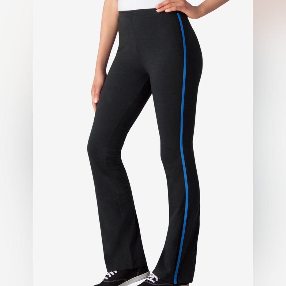 WOMAN WITHIN stretch cotton side stripe boot cut pants black/bright cobalt 14/16